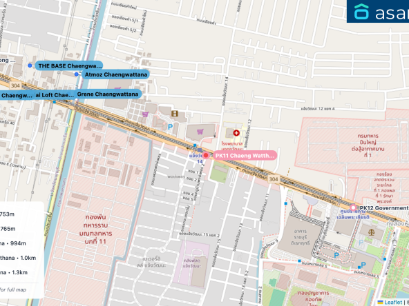 Map of condo projects near PK11 Chaeng Watthana 14 station. Nearest projects are Grene Chaengwattana 753 m, Atmoz Chaengwattana 765 m, THE BASE Chaengwattana 994 m, Supalai Loft Chaeng Watthana 1.0 km, NUE Noble Chaengwattana 1.3 km. Visit asanha.com/map for the full map