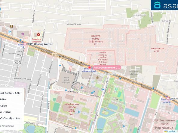 Map of condo projects near PK12 Government Complex station. Nearest projects are Post Live Studio @EMS Post Center 1.5 km, Grene Chaengwattana 1.6 km, Atmoz Chaengwattana 1.6 km, THE BASE Chaengwattana 1.8 km, Parkview Viphavadi (พาร์ควิว วิภาวดี) 1.8 km. Visit asanha.com/map for the full map