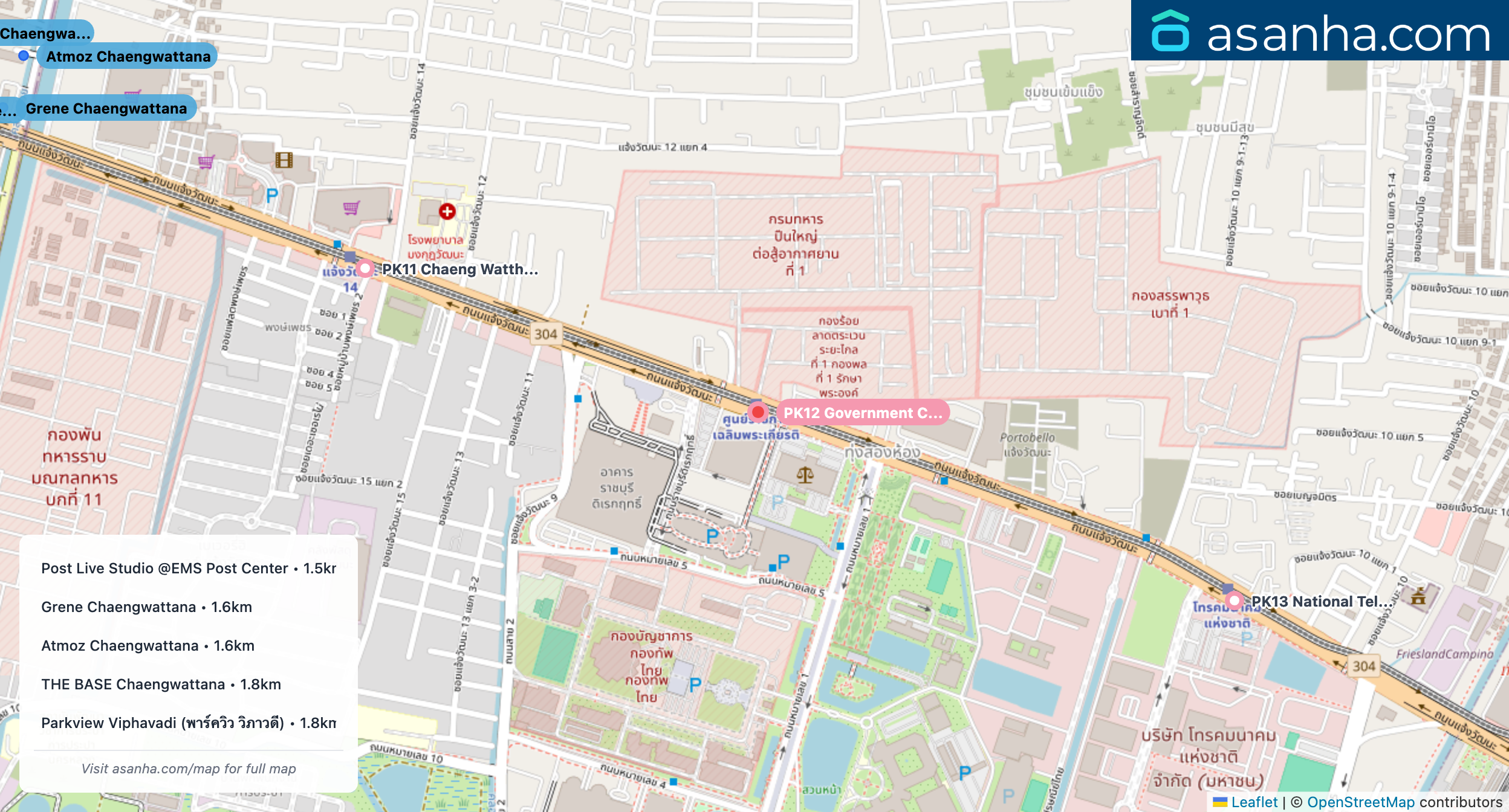 Map of condo projects near PK12 Government Complex station. Nearest projects are Post Live Studio @EMS Post Center 1.5 km, Grene Chaengwattana 1.6 km, Atmoz Chaengwattana 1.6 km, THE BASE Chaengwattana 1.8 km, Parkview Viphavadi (พาร์ควิว วิภาวดี) 1.8 km. Visit asanha.com/map for the full map