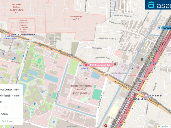 Map of condo projects near PK13 National Telecom station. Nearest projects are Post Live Studio @EMS Post Center 858 m, Parkview Viphavadi (พาร์ควิว วิภาวดี) 1.0 km, ชวนชื่น โมดัส วิภาวดี 1.2 km, Den Vibhavadi 1.2 km, พลัมคอนโด มิกซ์ แจ้งวัฒนะ 1.4 km. Visit asanha.com/map for the full map
