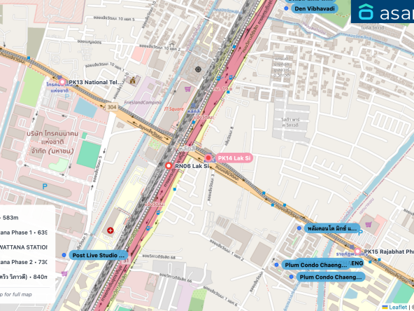 Map of condo projects near PK14 Lak Si station. Nearest projects are พลัมคอนโด มิกซ์ แจ้งวัฒนะ 583 m, Plum Condo Chaengwattana Phase 1 639 m, PLUM CONDO CHAENGWATTANA STATION พลัม คอนโด แจ้งวัฒนะ สเตชั่น 672 m, Plum Condo Chaengwattana Phase 2 730 m, Parkview Viphavadi (พาร์ควิว วิภาวดี) 840 m. Visit asanha.com/map for the full map