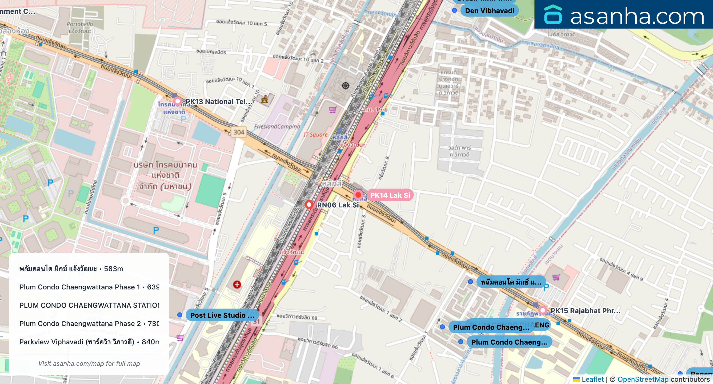 Map of condo projects near PK14 Lak Si station. Nearest projects are พลัมคอนโด มิกซ์ แจ้งวัฒนะ 583 m, Plum Condo Chaengwattana Phase 1 639 m, PLUM CONDO CHAENGWATTANA STATION พลัม คอนโด แจ้งวัฒนะ สเตชั่น 672 m, Plum Condo Chaengwattana Phase 2 730 m, Parkview Viphavadi (พาร์ควิว วิภาวดี) 840 m. Visit asanha.com/map for the full map