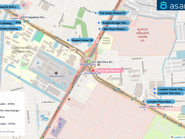 Map of condo projects near PK16 Wat Phra Sri Mahathat station. Nearest projects are Regent Home 18 433 m, Silk Place Phaholyothin Laksi 470 m, KnightsBridge Phaholyothin Interchange 537 m, The Origin Phahol 57 641 m, Lumpini Place Ramintra-Laksi 672 m. Visit asanha.com/map for the full map