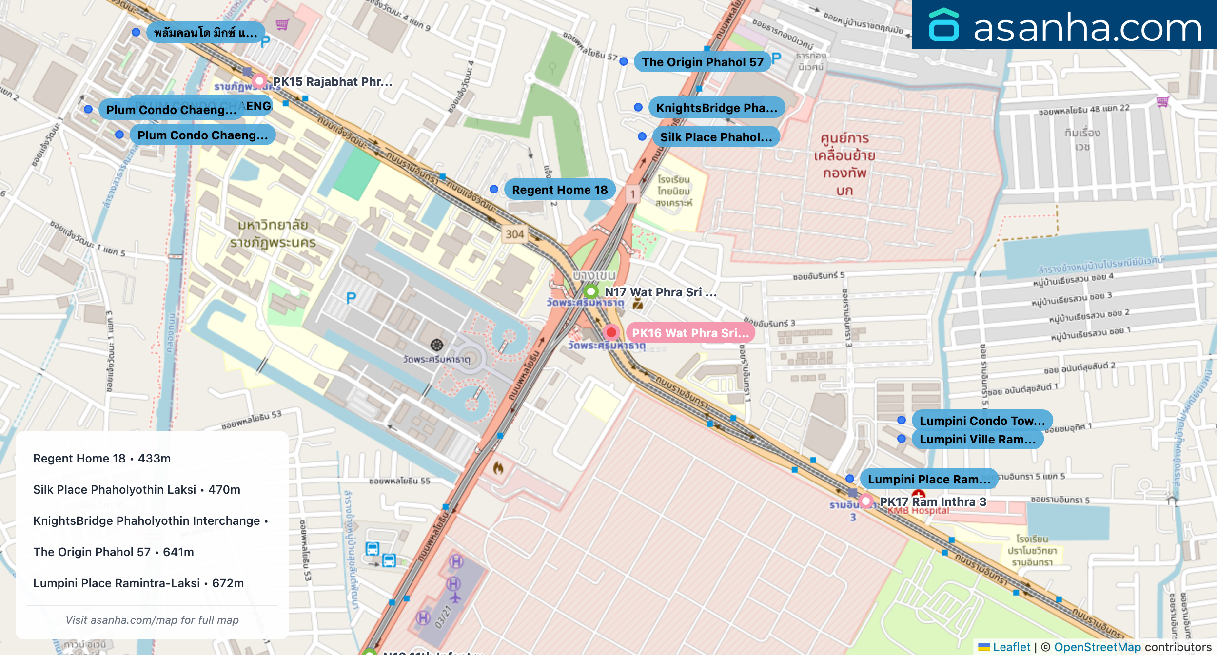 Map of condo projects near PK16 Wat Phra Sri Mahathat station. Nearest projects are Regent Home 18 433 m, Silk Place Phaholyothin Laksi 470 m, KnightsBridge Phaholyothin Interchange 537 m, The Origin Phahol 57 641 m, Lumpini Place Ramintra-Laksi 672 m. Visit asanha.com/map for the full map