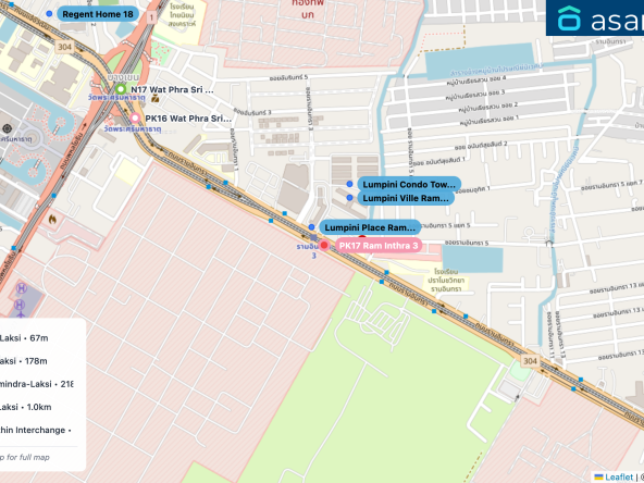 Map of condo projects near PK17 Ram Inthra 3 station. Nearest projects are Lumpini Place Ramintra-Laksi 67 m, Lumpini Ville Ramintra-Laksi 178 m, Lumpini Condo Town Ramindra-Laksi 218 m, Silk Place Phaholyothin Laksi 1.0 km, KnightsBridge Phaholyothin Interchange 1.1 km. Visit asanha.com/map for the full map