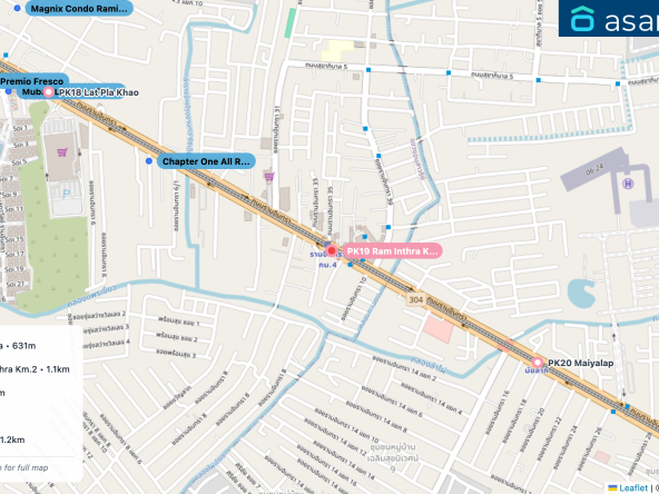 Map of condo projects near PK19 Ram Inthra Kor Mor 4 station. Nearest projects are Chapter One All Ramintra 631 m, Muban Ladawan Ram Inthra Km.2 1.1 km, D condo ramindra 1.2 km, Premio Fresco 1.2 km, Natural Park Ramindra 1.2 km. Visit asanha.com/map for the full map