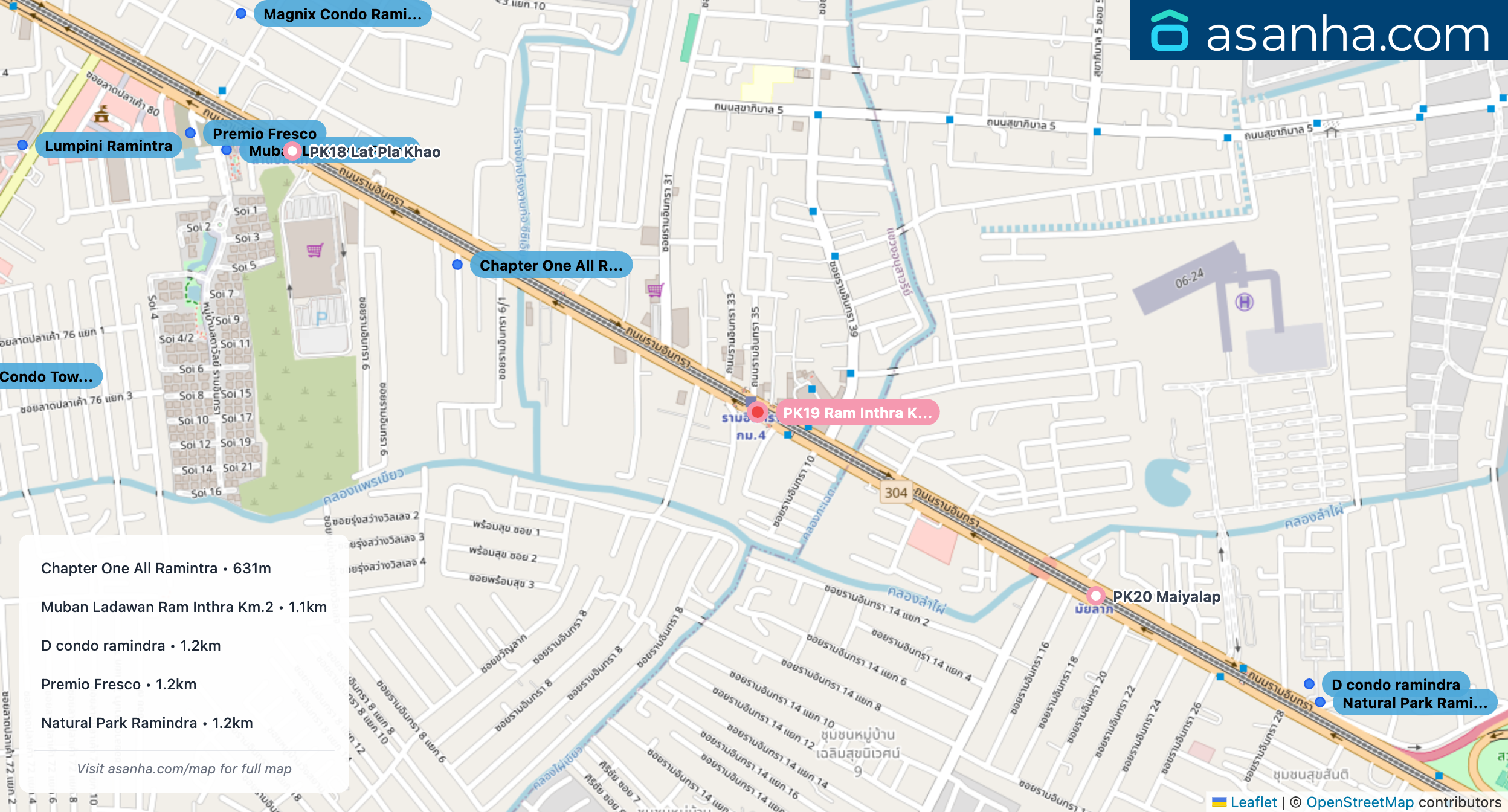 Map of condo projects near PK19 Ram Inthra Kor Mor 4 station. Nearest projects are Chapter One All Ramintra 631 m, Muban Ladawan Ram Inthra Km.2 1.1 km, D condo ramindra 1.2 km, Premio Fresco 1.2 km, Natural Park Ramindra 1.2 km. Visit asanha.com/map for the full map