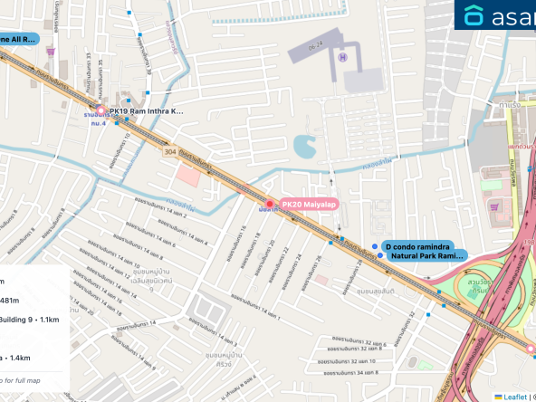 Map of condo projects near PK20 Maiyalap station. Nearest projects are D condo ramindra 448 m, Natural Park Ramindra 481 m, Thanommit Park Condo Building 9 1.1 km, six nature 1.2 km, Chapter One All Ramintra 1.4 km. Visit asanha.com/map for the full map