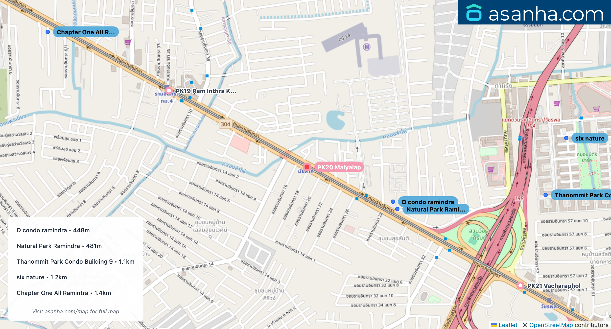 Map of condo projects near PK20 Maiyalap station. Nearest projects are D condo ramindra 448 m, Natural Park Ramindra 481 m, Thanommit Park Condo Building 9 1.1 km, six nature 1.2 km, Chapter One All Ramintra 1.4 km. Visit asanha.com/map for the full map