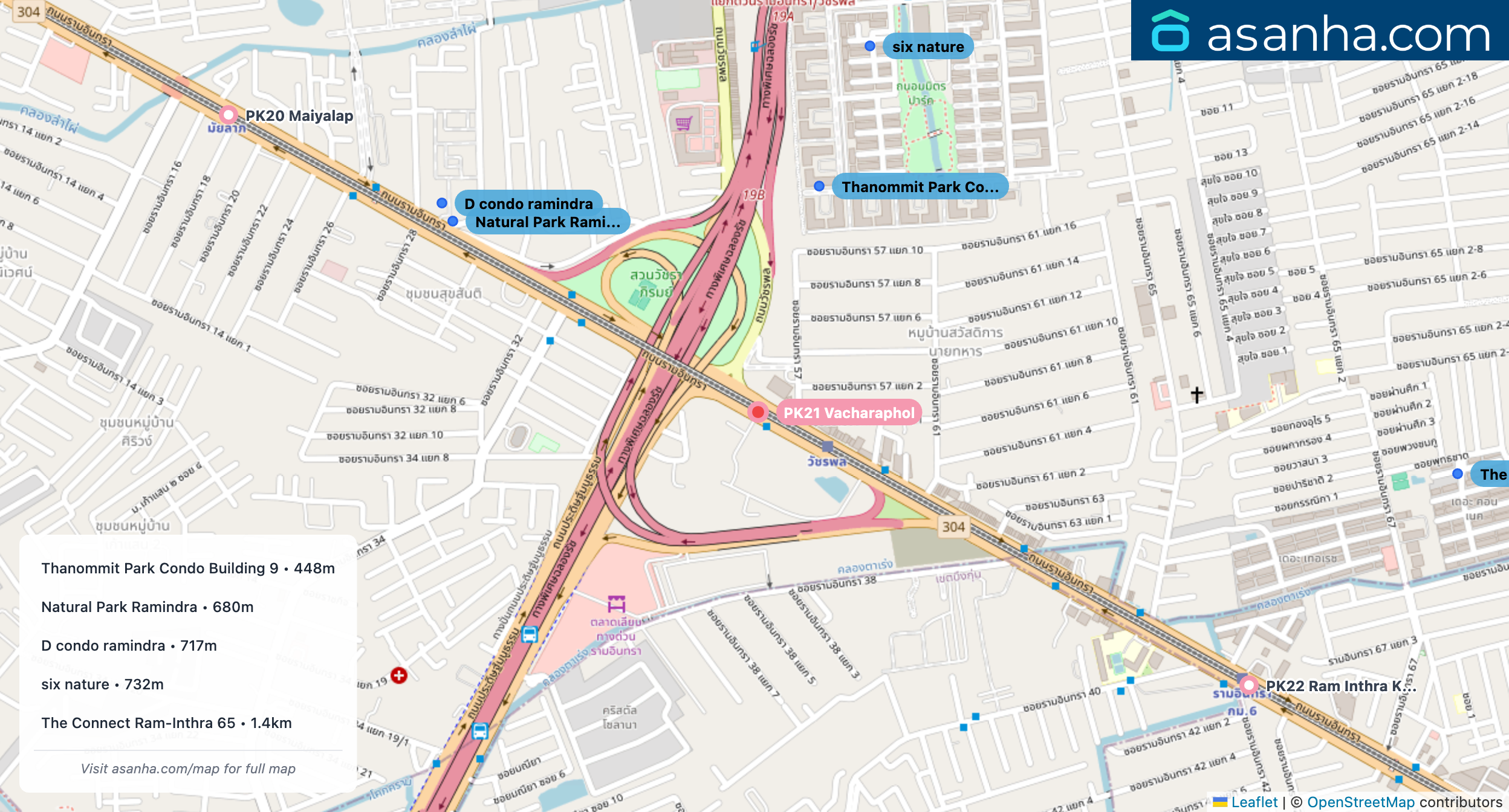 Map of condo projects near PK21 Vacharaphol station. Nearest projects are Thanommit Park Condo Building 9 448 m, Natural Park Ramindra 680 m, D condo ramindra 717 m, six nature 732 m, The Connect Ram-Inthra 65 1.4 km. Visit asanha.com/map for the full map