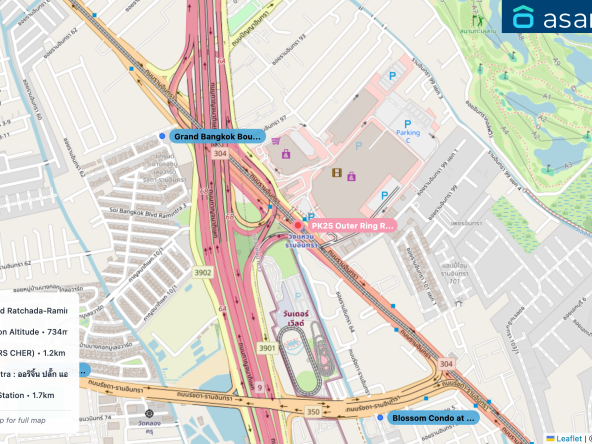 Map of condo projects near PK25 Outer Ring Road - Ram Inthra station. Nearest projects are Grand Bangkok Boulevard Ratchada-Ramintra 2 561 m, Blossom Condo at Fashion Altitude 734 m, แชมเบอร์ส เฌอ (CHAMBERS CHER) 1.2 km, Origin Plug & Play Ramintra : ออริจิ้น ปลั๊ก แอนด์ เพลย์ รามอินทรา 1.6 km, The Origin Ramintra 83 Station 1.7 km. Visit asanha.com/map for the full map