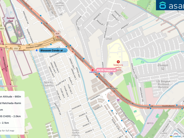 Map of condo projects near PK26 Nopparat station. Nearest projects are Blossom Condo at Fashion Altitude 660 m, Grand Bangkok Boulevard Ratchada-Ramintra 2 1.8 km, Manthana Housing 2.0 km, แชมเบอร์ส เฌอ (CHAMBERS CHER) 2.0 km, Parc Exo Condominium | 2.1 km. Visit asanha.com/map for the full map
