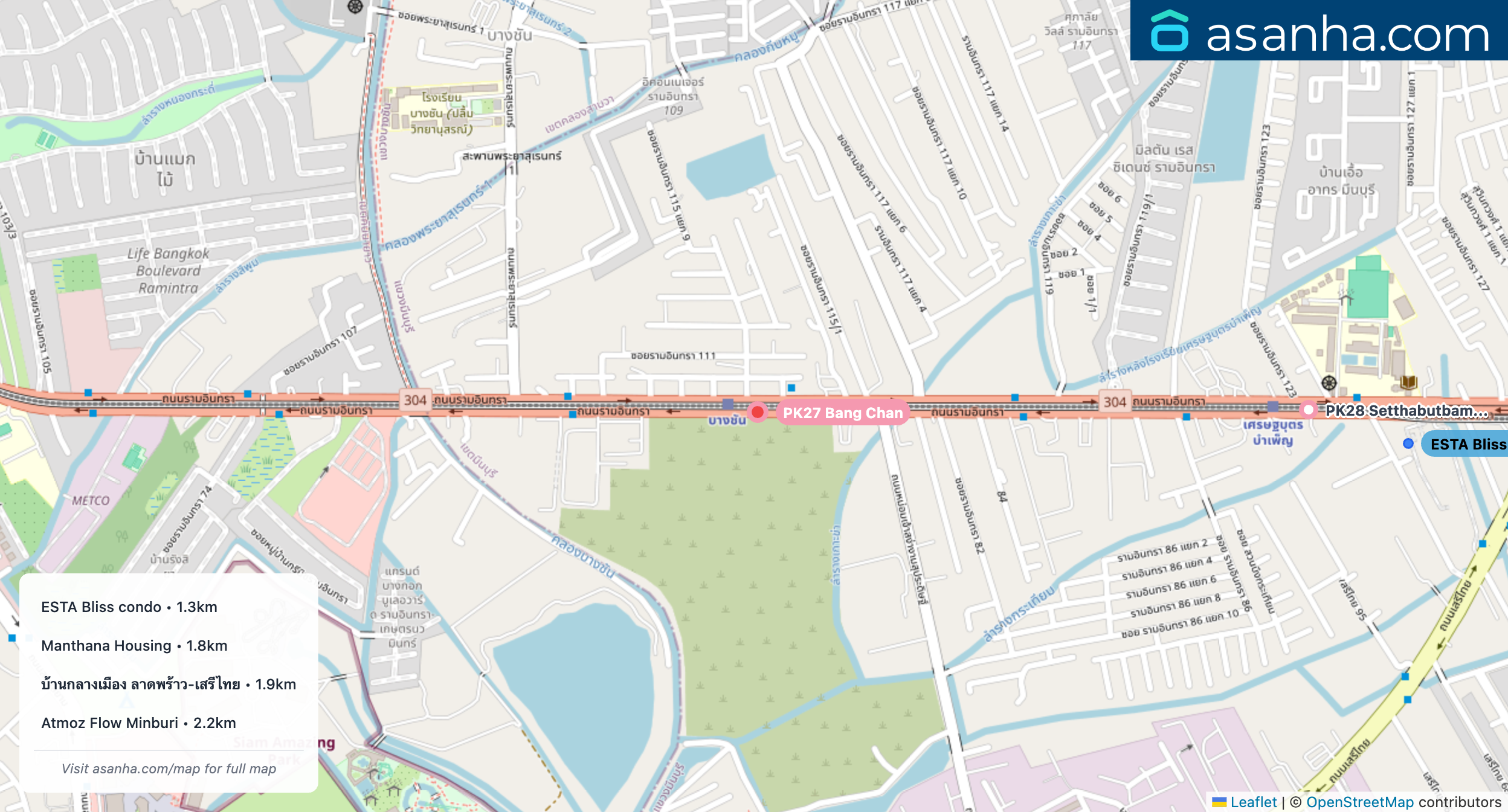 Map of condo projects near PK27 Bang Chan station. Nearest projects are ESTA Bliss condo 1.3 km, Manthana Housing 1.8 km, บ้านกลางเมือง ลาดพร้าว-เสรีไทย 1.9 km, Atmoz Flow Minburi 2.2 km. Visit asanha.com/map for the full map