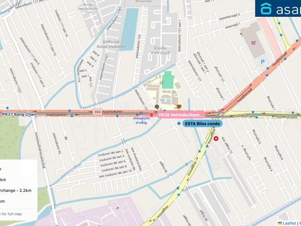 Map of condo projects near PK28 Setthabutbamphen station. Nearest projects are ESTA Bliss condo 209 m, Atmoz Flow Minburi 1.2 km, The Origin Ram 209 Interchange 2.2 km, Manthana Housing 2.3 km. Visit asanha.com/map for the full map
