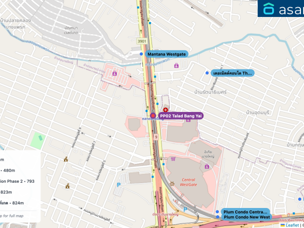 Map of condo projects near PP02 Talad Bang Yai station. Nearest projects are Mantana Westgate 424 m, เดอะมิดด์คอนโด The midd 480 m, Plum Condo Central Station Phase 2 793 m, Plum Condo New West 823 m, IRIS Westgate - ไอริส เวสท์เกต 824 m. Visit asanha.com/map for the full map