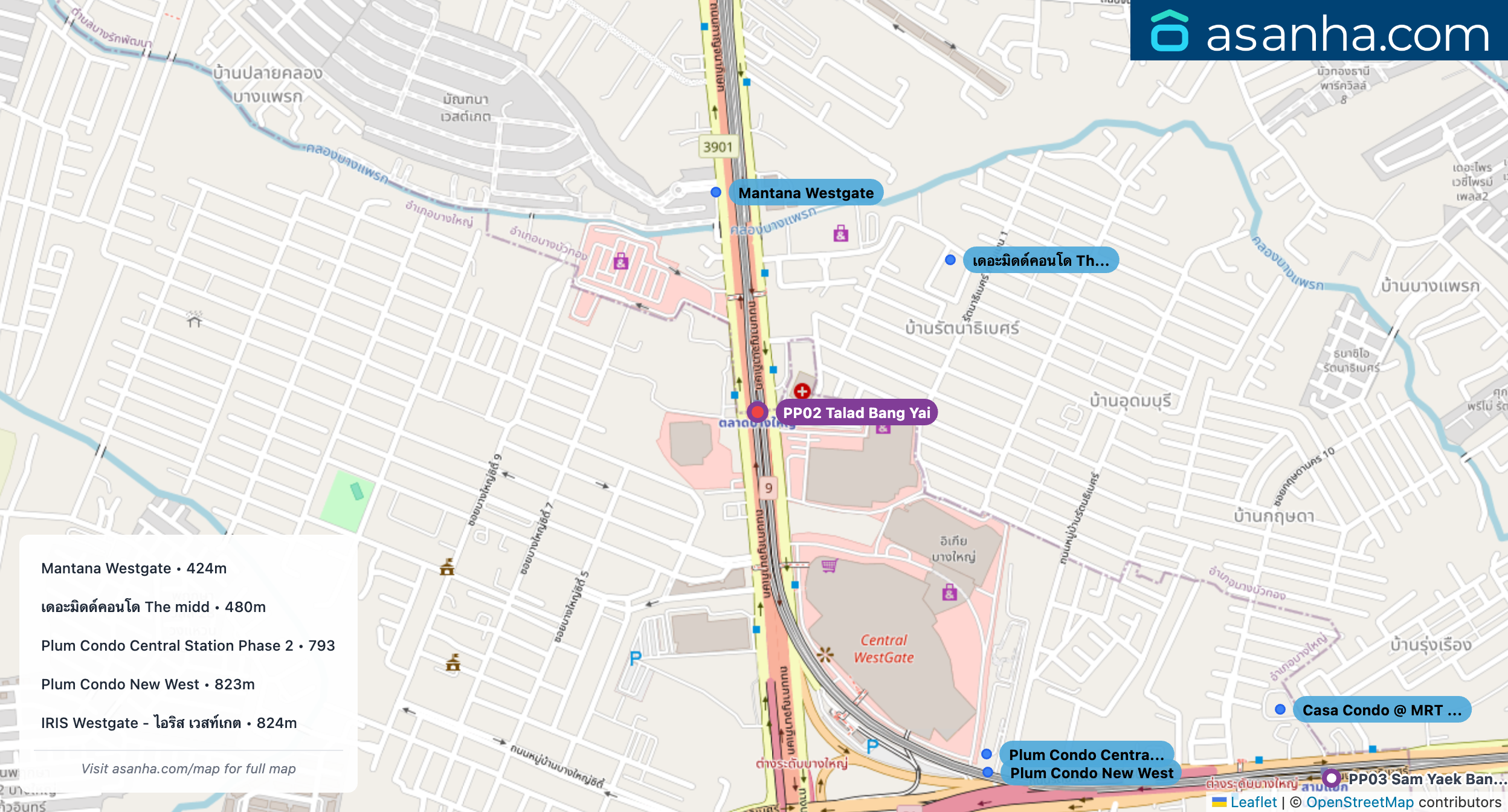 Map of condo projects near PP02 Talad Bang Yai station. Nearest projects are Mantana Westgate 424 m, เดอะมิดด์คอนโด The midd 480 m, Plum Condo Central Station Phase 2 793 m, Plum Condo New West 823 m, IRIS Westgate - ไอริส เวสท์เกต 824 m. Visit asanha.com/map for the full map