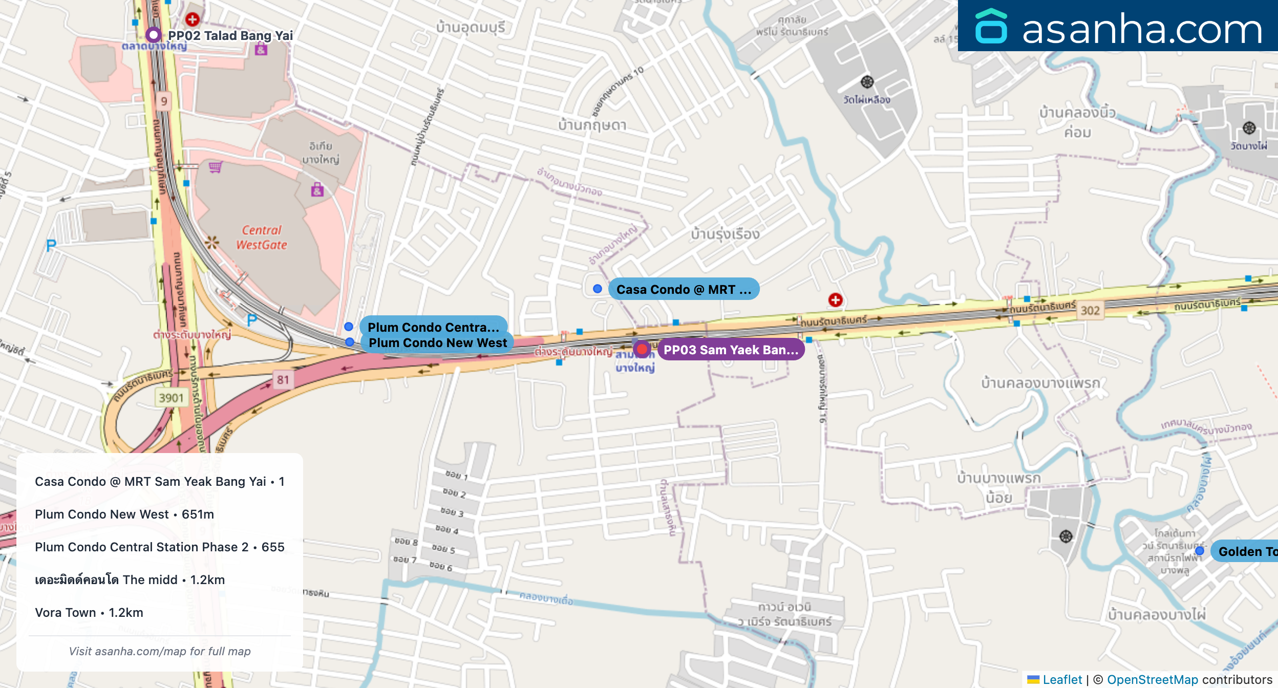Map of condo projects near PP03 Sam Yaek Bang Yai station. Nearest projects are Casa Condo @ MRT Sam Yeak Bang Yai 162 m, Plum Condo New West 651 m, Plum Condo Central Station Phase 2 655 m, เดอะมิดด์คอนโด The midd 1.2 km, Vora Town 1.2 km. Visit asanha.com/map for the full map