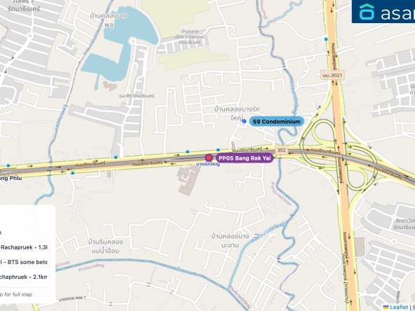 Map of condo projects near PP05 Bang Rak Yai station. Nearest projects are S9 Condominium 261 m, ปริญดาอพาร์ทเมนท์ 1.2 km, Piemsuk Rattanathibeth-Rachapruek 1.3 km, Golden Town, Nonthaburi - BTS some betel. 1.6 km, Perfect Masterpiece Ratchaphruek 2.1 km. Visit asanha.com/map for the full map
