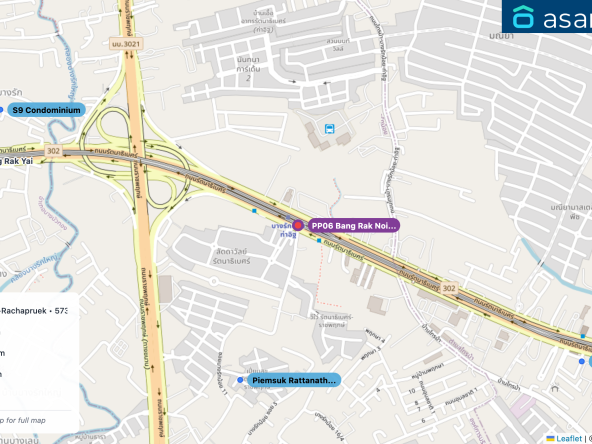 Map of condo projects near PP06 Bang Rak Noi Tha It station. Nearest projects are Piemsuk Rattanathibeth-Rachapruek 573 m, S9 Condominium 1.1 km, Grow Rattanthibet 1.1 km, ปริญดาอพาร์ทเมนท์ 1.2 km, มณียา 1.2 km. Visit asanha.com/map for the full map