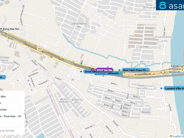 Map of condo projects near PP07 Sai Ma station. Nearest projects are D Condo Rattanathibet 36 m, Grow Rattanthibet 121 m, Rich Park Chao Phraya 314 m, Lumpini Ville Pranangklao - Riverview. 813 m, มณียา 959 m. Visit asanha.com/map for the full map
