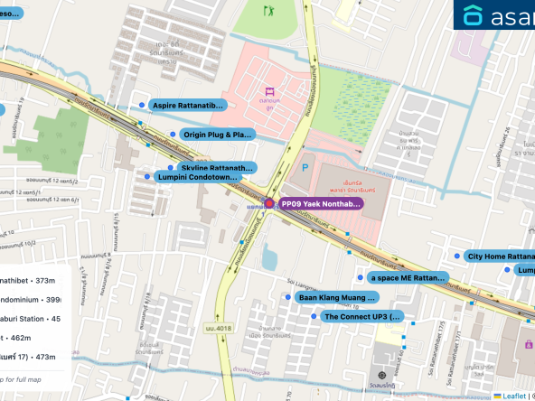 Map of condo projects near PP09 Yaek Nonthaburi 1 station. Nearest projects are Baan Klang Muang Rattanathibet 373 m, Skyline Rattanathibet Condominium 399 m, Origin Plug & Play Nonthaburi Station 453 m, a space ME Rattanathibet 462 m, The Connect UP3 (รัตนาธิเบศร์ 17) 473 m. Visit asanha.com/map for the full map