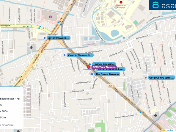 Map of condo projects near PP13 Yaek Tiwanon station. Nearest projects are UNIO H TIWANON 40 m, Amber Condominium By Eastern Star 78 m, The Cuvee Tiwanon 97 m, Centric Tiwanon Station 306 m, ศุภาลัยปาร์คแยกติวานนท์ 612 m. Visit asanha.com/map for the full map