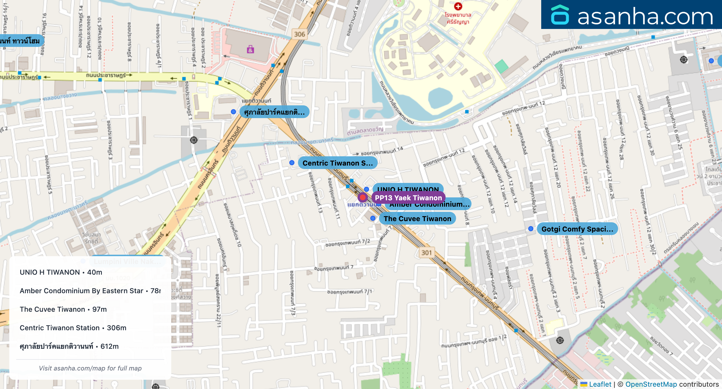 Map of condo projects near PP13 Yaek Tiwanon station. Nearest projects are UNIO H TIWANON 40 m, Amber Condominium By Eastern Star 78 m, The Cuvee Tiwanon 97 m, Centric Tiwanon Station 306 m, ศุภาลัยปาร์คแยกติวานนท์ 612 m. Visit asanha.com/map for the full map