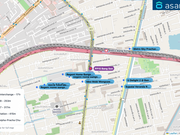 Map of condo projects near PP15 Bang Son station. Nearest projects are Ideo Mobi Wongsawang Interchange 171 m, Regent Home Bangson 28 253 m, Regent Home Bangson 27 317 m, U Delight 2 @ Bangsue Station 415 m, Supalai Veranda Ratchawipha-Pracha Chuen 425 m. Visit asanha.com/map for the full map