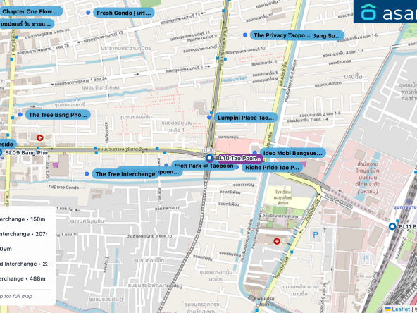 Map of condo projects near PP16 Tao Poon station. Nearest projects are Niche Pride Tao Poon Interchange 150 m, Lumpini Place Taopoon Interchange 207 m, Rich Park @ Taopoon 209 m, Ideo Mobi Bangsue Grand Interchange 236 m, The Stage Taopoon - Interchange 488 m. Visit asanha.com/map for the full map