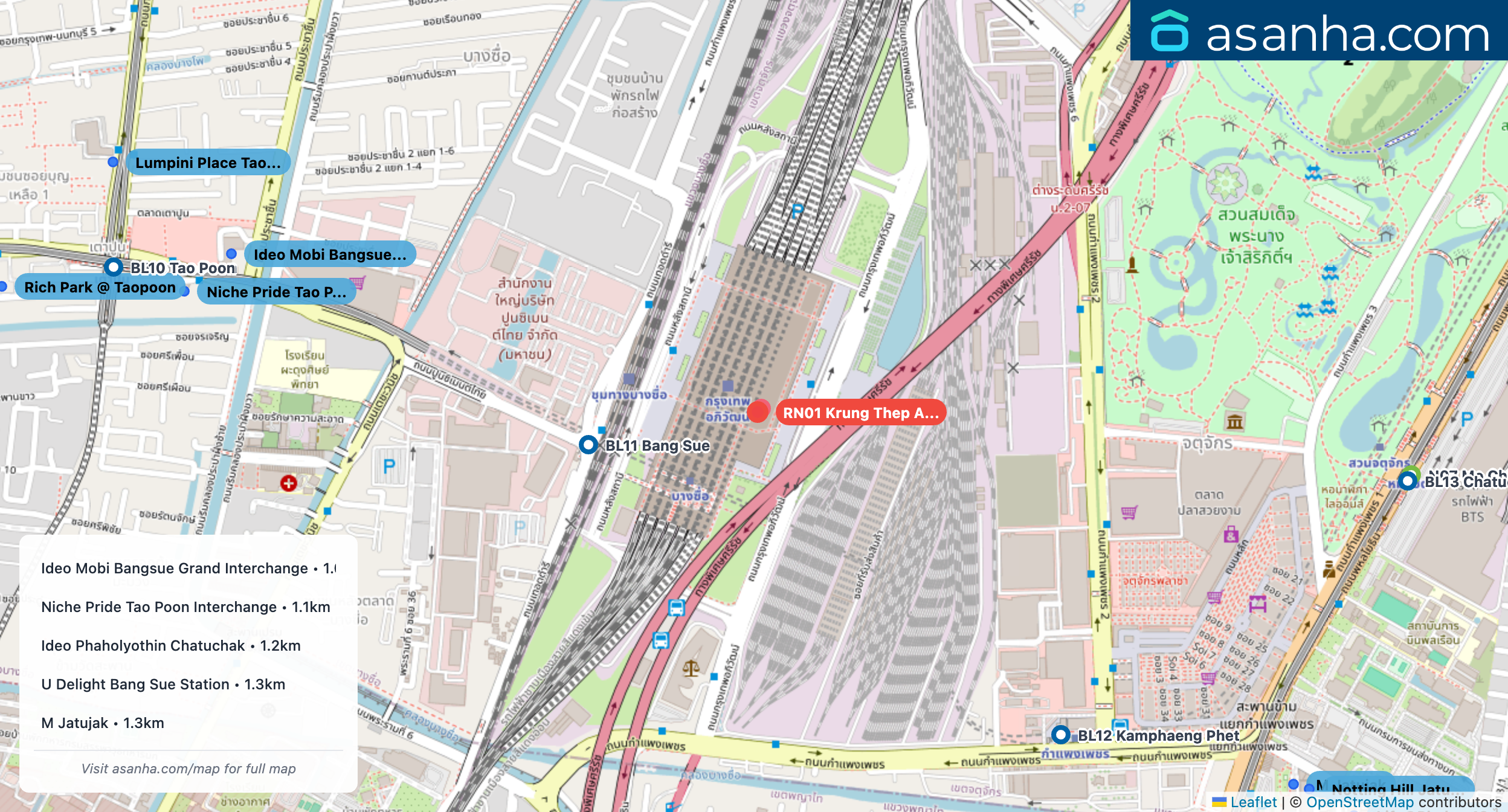 Map of condo projects near RN01 Krung Thep Aphiwat Central station. Nearest projects are Ideo Mobi Bangsue Grand Interchange 1.0 km, Niche Pride Tao Poon Interchange 1.1 km, Ideo Phaholyothin Chatuchak 1.2 km, U Delight Bang Sue Station 1.3 km, M Jatujak 1.3 km. Visit asanha.com/map for the full map