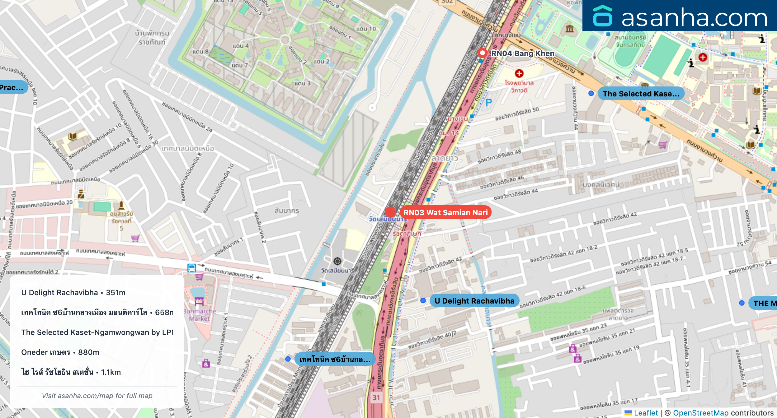 Map of condo projects near RN03 Wat Samian Nari station. Nearest projects are U Delight Rachavibha 351 m, เทคโทนิค ซ6บ้านกลางเมือง มอนติคาร์โล 658 m, The Selected Kaset-Ngamwongwan by LPN 877 m, Oneder เกษตร 880 m, ไฮ ไรส์ รัชโยธิน สเตชั่น 1.1 km. Visit asanha.com/map for the full map