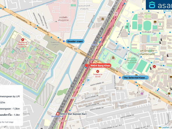 Map of condo projects near RN04 Bang Khen station. Nearest projects are Oneder เกษตร 391 m, The Selected Kaset-Ngamwongwan by LPN 439 m, U Delight Rachavibha 937 m, Ban Klang Mueang Ngamwongwan 1.3 km, เทคโทนิค ซ6บ้านกลางเมือง มอนติคาร์โล 1.3 km. Visit asanha.com/map for the full map