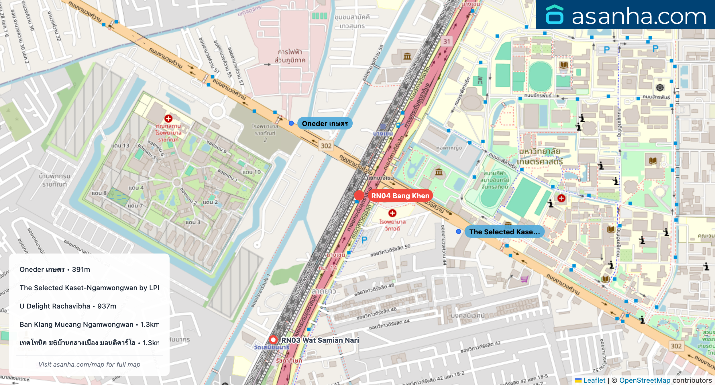 Map of condo projects near RN04 Bang Khen station. Nearest projects are Oneder เกษตร 391 m, The Selected Kaset-Ngamwongwan by LPN 439 m, U Delight Rachavibha 937 m, Ban Klang Mueang Ngamwongwan 1.3 km, เทคโทนิค ซ6บ้านกลางเมือง มอนติคาร์โล 1.3 km. Visit asanha.com/map for the full map