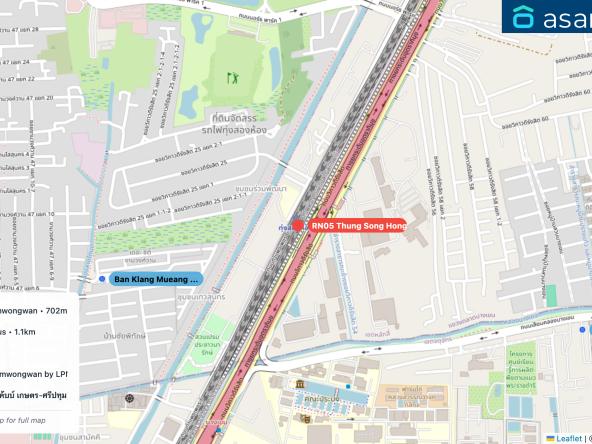 Map of condo projects near RN05 Thung Song Hong station. Nearest projects are Ban Klang Mueang Ngamwongwan 702 m, Kensington Kaset Campus 1.1 km, Oneder เกษตร 1.5 km, The Selected Kaset-Ngamwongwan by LPN 1.6 km, COBE Kaset-Sripatum (โค้บบ์ เกษตร-ศรีปทุม) 1.9 km. Visit asanha.com/map for the full map