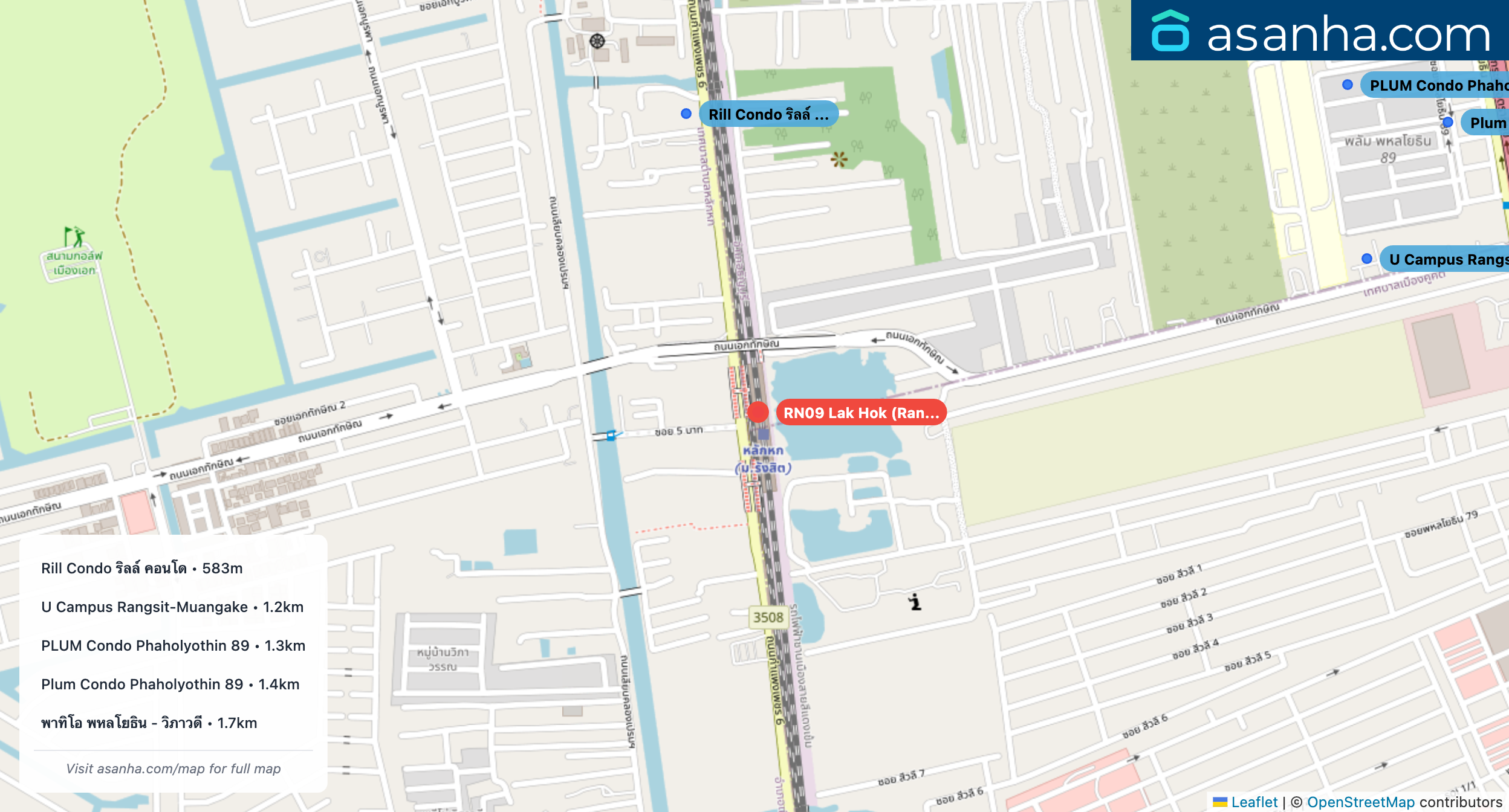 Map of condo projects near RN09 Lak Hok (Rangsit University) station. Nearest projects are Rill Condo ริลล์ คอนโด 583 m, U Campus Rangsit-Muangake 1.2 km, PLUM Condo Phaholyothin 89 1.3 km, Plum Condo Phaholyothin 89 1.4 km, พาทิโอ พหลโยธิน - วิภาวดี 1.7 km. Visit asanha.com/map for the full map