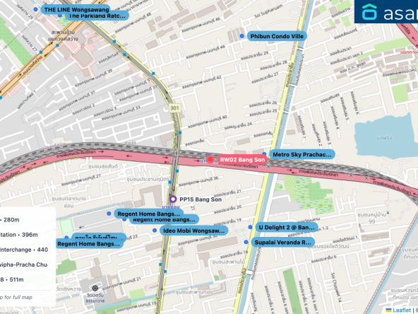 Map of condo projects near RW02 Bang Son station. Nearest projects are Metro Sky Prachachuen 280 m, U Delight 2 @ Bangsue Station 396 m, Ideo Mobi Wongsawang Interchange 440 m, Supalai Veranda Ratchawipha-Pracha Chuen 450 m, Regent Home Bangson 28 511 m. Visit asanha.com/map for the full map