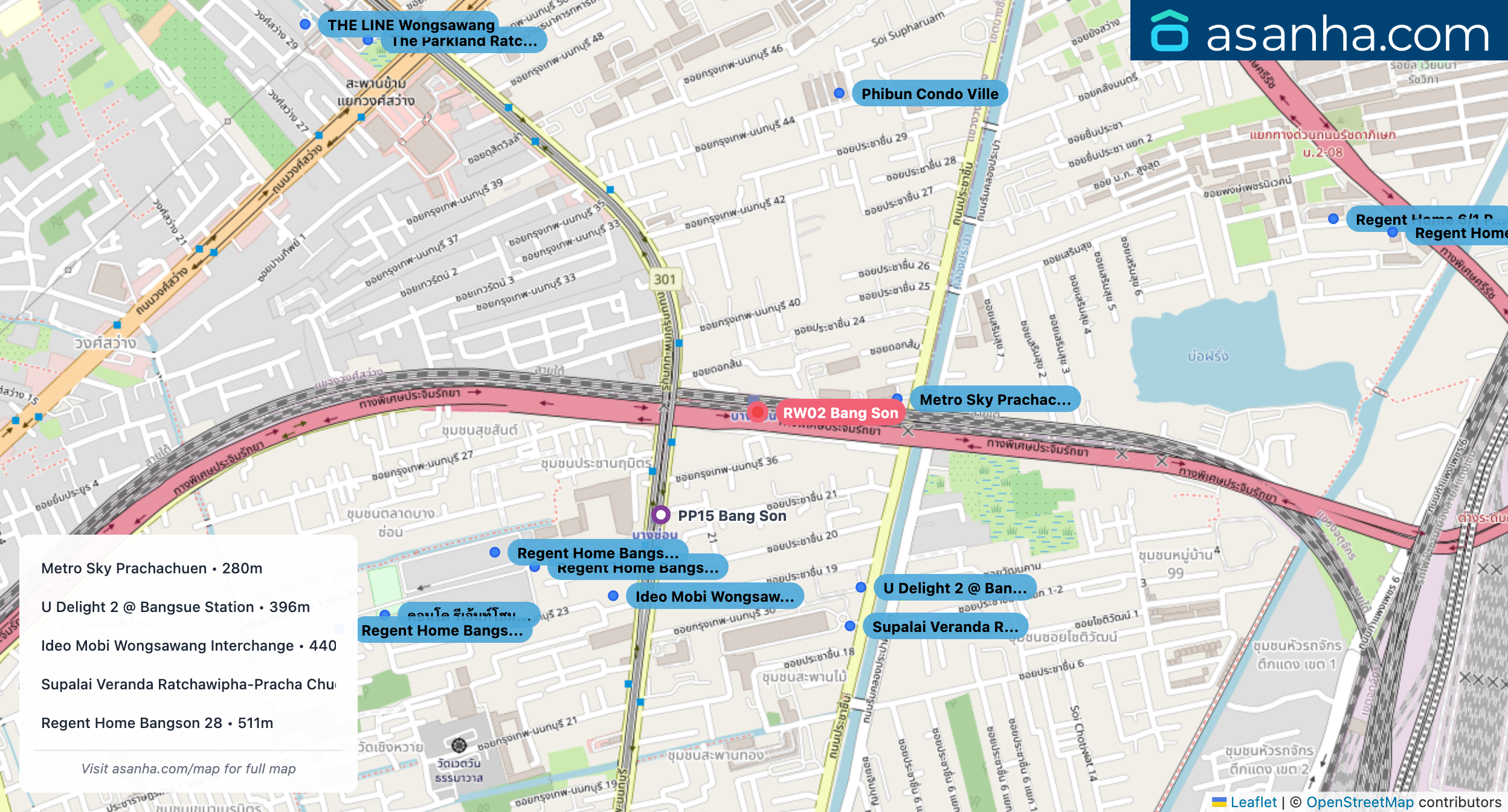 Map of condo projects near RW02 Bang Son station. Nearest projects are Metro Sky Prachachuen 280 m, U Delight 2 @ Bangsue Station 396 m, Ideo Mobi Wongsawang Interchange 440 m, Supalai Veranda Ratchawipha-Pracha Chuen 450 m, Regent Home Bangson 28 511 m. Visit asanha.com/map for the full map