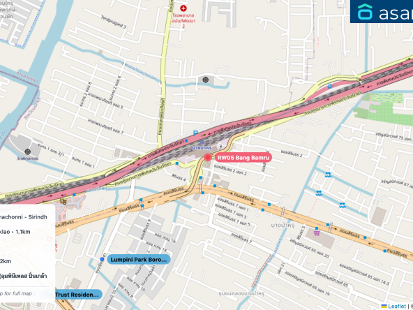 Map of condo projects near RW05 Bang Bamru station. Nearest projects are Lumpini Park Boromratchachonni - Sirindhorn 730 m, The Trust Residence Pinklao 1.1 km, Kanya House 1.2 km, Lumpini Park Pinklao 1.2 km, Lumpini Place Pinklao 2 (ลุมพินีเพลส ปิ่นเกล้า 2) 1.3 km. Visit asanha.com/map for the full map