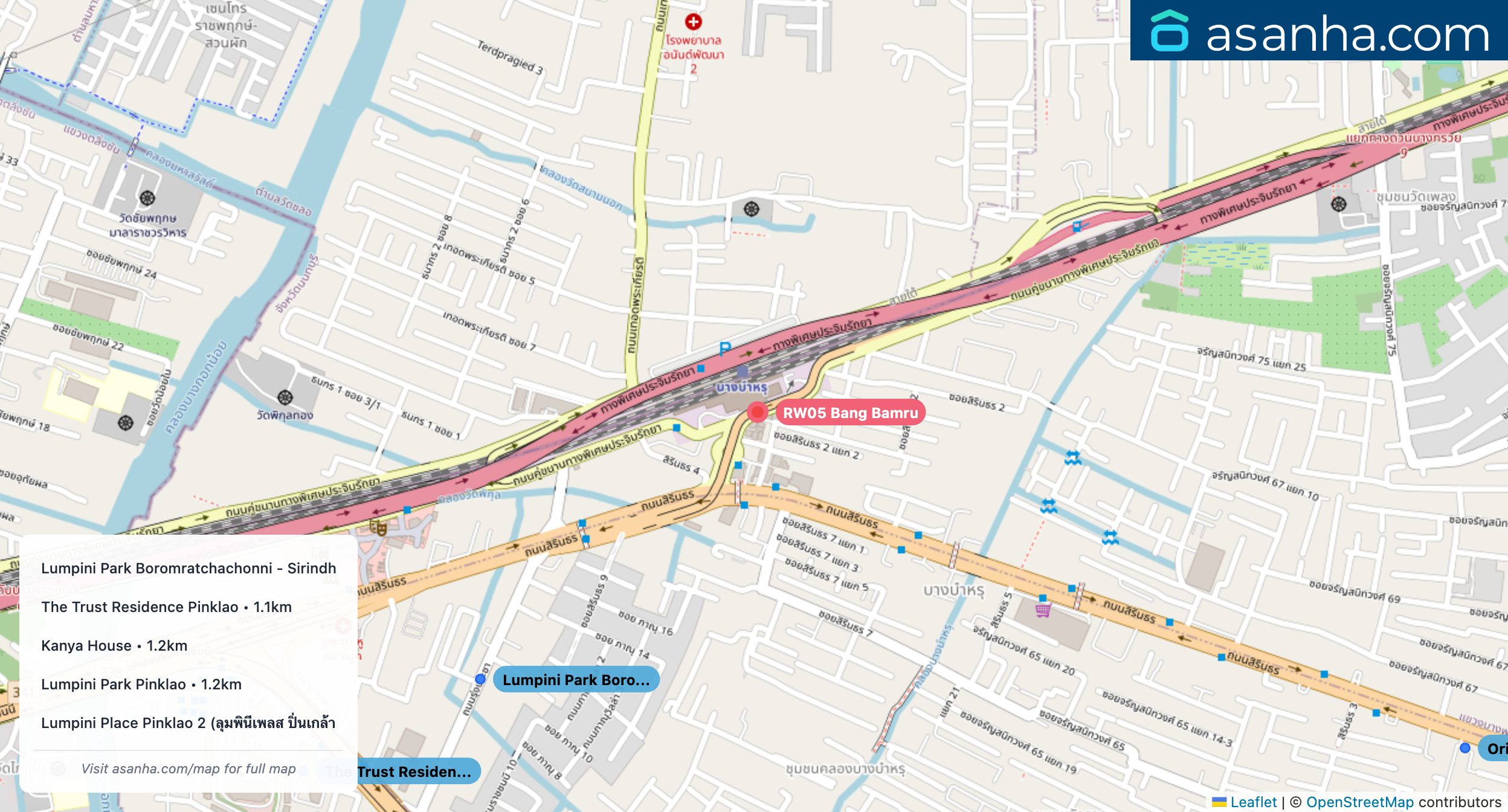 Map of condo projects near RW05 Bang Bamru station. Nearest projects are Lumpini Park Boromratchachonni - Sirindhorn 730 m, The Trust Residence Pinklao 1.1 km, Kanya House 1.2 km, Lumpini Park Pinklao 1.2 km, Lumpini Place Pinklao 2 (ลุมพินีเพลส ปิ่นเกล้า 2) 1.3 km. Visit asanha.com/map for the full map