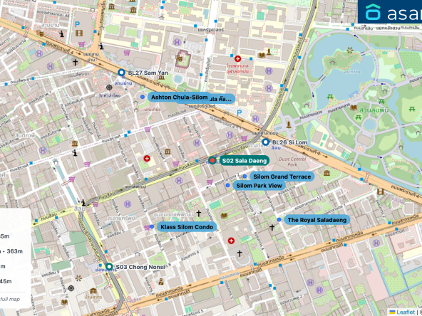 Map of condo projects near S02 Sala Daeng station. Nearest projects are Silom Park View 148 m, Silom Grand Terrace 185 m, Culture Chula คัลเจอร์ จุฬา 363 m, Klass Silom Condo 433 m, The Royal Saladaeng 445 m. Visit asanha.com/map for the full map