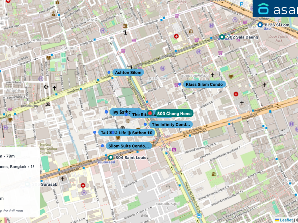 Map of condo projects near S03 Chong Nonsi station. Nearest projects are The Infinity Condominium 79 m, The Ritz-Carlton Residences, Bangkok 156 m, Life @ Sathon 10 281 m, Ivy Sathon 10 295 m, Klass Silom Condo 297 m. Visit asanha.com/map for the full map