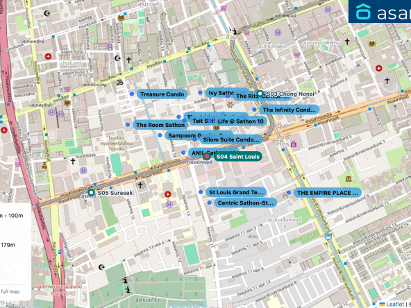 Map of condo projects near S04 Saint Louis station. Nearest projects are Silom Suite Condominium 100 m, ANIL Sathorn 12 112 m, St Louis Grand Terrace 179 m, Life @ Sathon 10 180 m, Tait Sathorn 12 209 m. Visit asanha.com/map for the full map