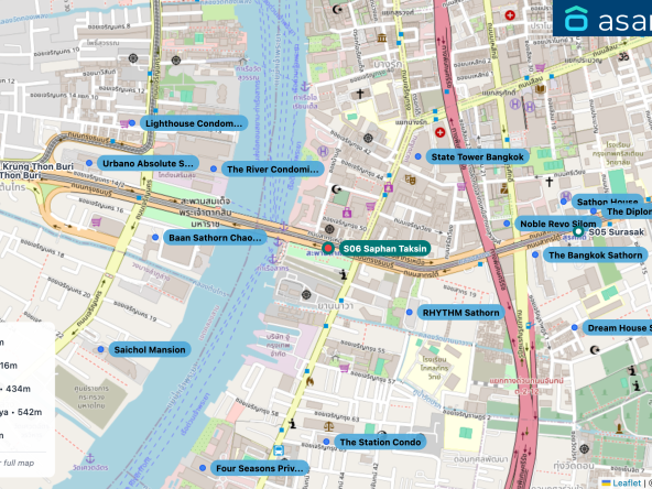 Map of condo projects near S06 Saphan Taksin station. Nearest projects are RHYTHM Sathorn 338 m, State Tower Bangkok 416 m, The River Condominium 434 m, Baan Sathorn Chao Phraya 542 m, Noble Revo Silom 586 m. Visit asanha.com/map for the full map
