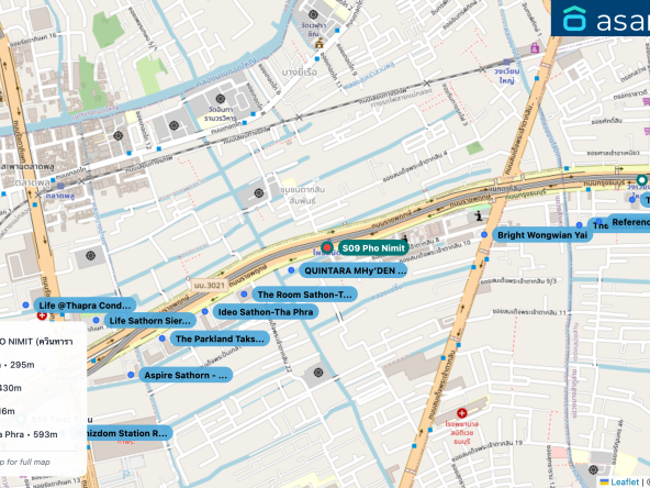 Map of condo projects near S09 Pho Nimit station. Nearest projects are QUINTARA MHy’DEN PHO NIMIT (ควินทารา มาย’เดน โพธิ์นิมิตร) 125 m, The Room Sathon-Taksin 295 m, Ideo Sathon-Tha Phra 430 m, Bright Wongwian Yai 516 m, The Parkland Taksin -Tha Phra 593 m. Visit asanha.com/map for the full map