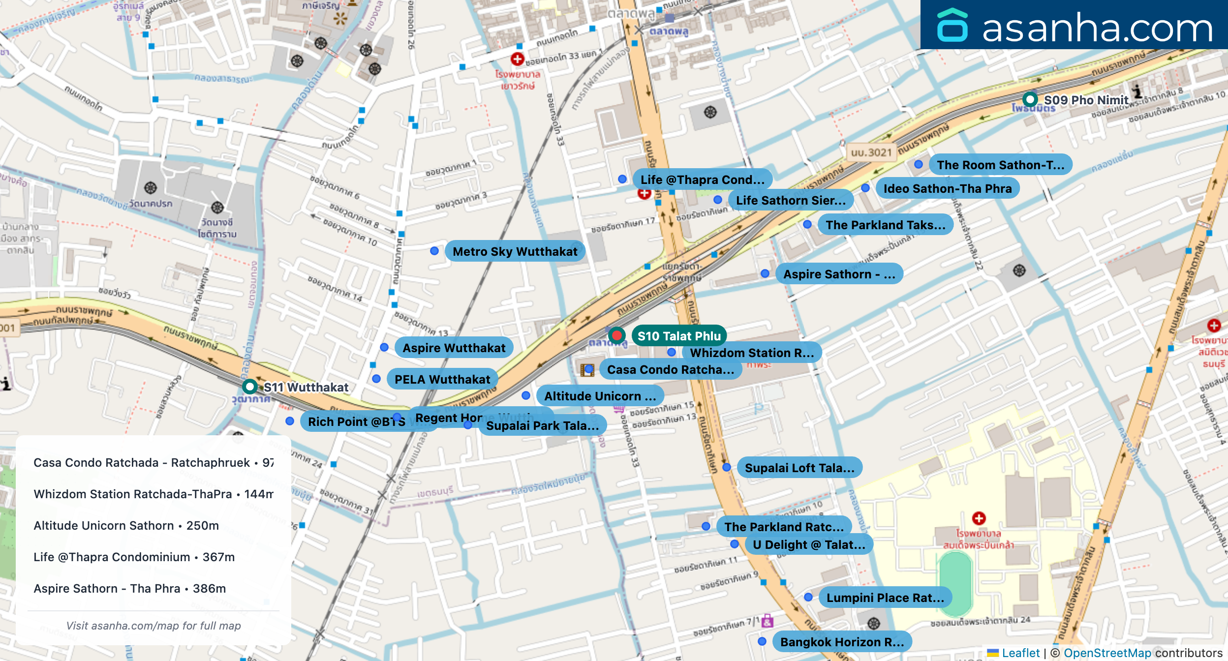 Map of condo projects near S10 Talat Phlu station. Nearest projects are Casa Condo Ratchada - Ratchaphruek 97 m, Whizdom Station Ratchada-ThaPra 144 m, Altitude Unicorn Sathorn 250 m, Life @Thapra Condominium 367 m, Aspire Sathorn - Tha Phra 386 m. Visit asanha.com/map for the full map