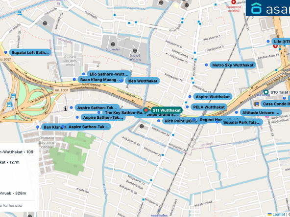 Map of condo projects near S11 Wutthakat station. Nearest projects are The Tempo Grand Sathon-Wutthakat 109 m, Rich Point @BTS Wutthakat 127 m, Ideo Wutthakat 268 m, PELA Wutthakat 306 m, The Key Sathon-Ratchaphruek 328 m. Visit asanha.com/map for the full map