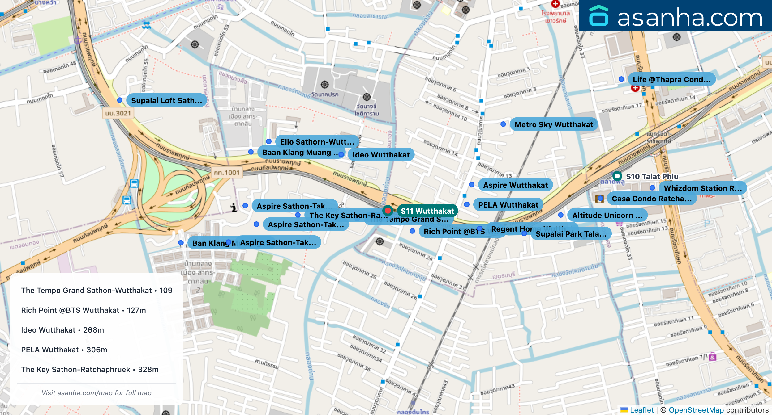 Map of condo projects near S11 Wutthakat station. Nearest projects are The Tempo Grand Sathon-Wutthakat 109 m, Rich Point @BTS Wutthakat 127 m, Ideo Wutthakat 268 m, PELA Wutthakat 306 m, The Key Sathon-Ratchaphruek 328 m. Visit asanha.com/map for the full map
