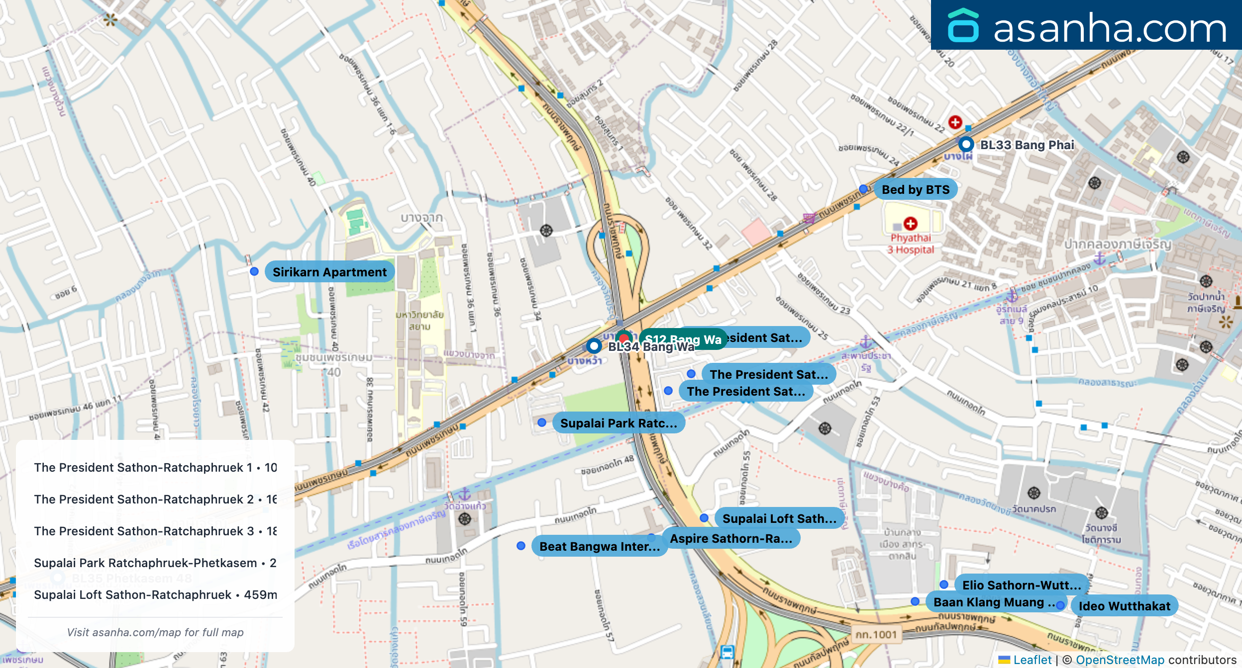 Map of condo projects near S12 Bang Wa station. Nearest projects are The President Sathon-Ratchaphruek 1 106 m, The President Sathon-Ratchaphruek 2 165 m, The President Sathon-Ratchaphruek 3 184 m, Supalai Park Ratchaphruek-Phetkasem 266 m, Supalai Loft Sathon-Ratchaphruek 459 m. Visit asanha.com/map for the full map