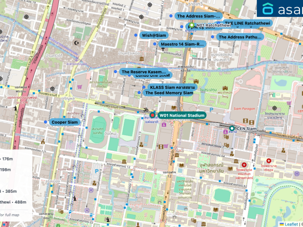 Map of condo projects near W01 National Stadium station. Nearest projects are The Seed Memory Siam 176 m, KLASS Siam คลาสสยาม 198 m, Condo One SIAM 312 m, The Reserve Kasemsan 3 385 m, Maestro 14 Siam-Ratchathewi 488 m. Visit asanha.com/map for the full map