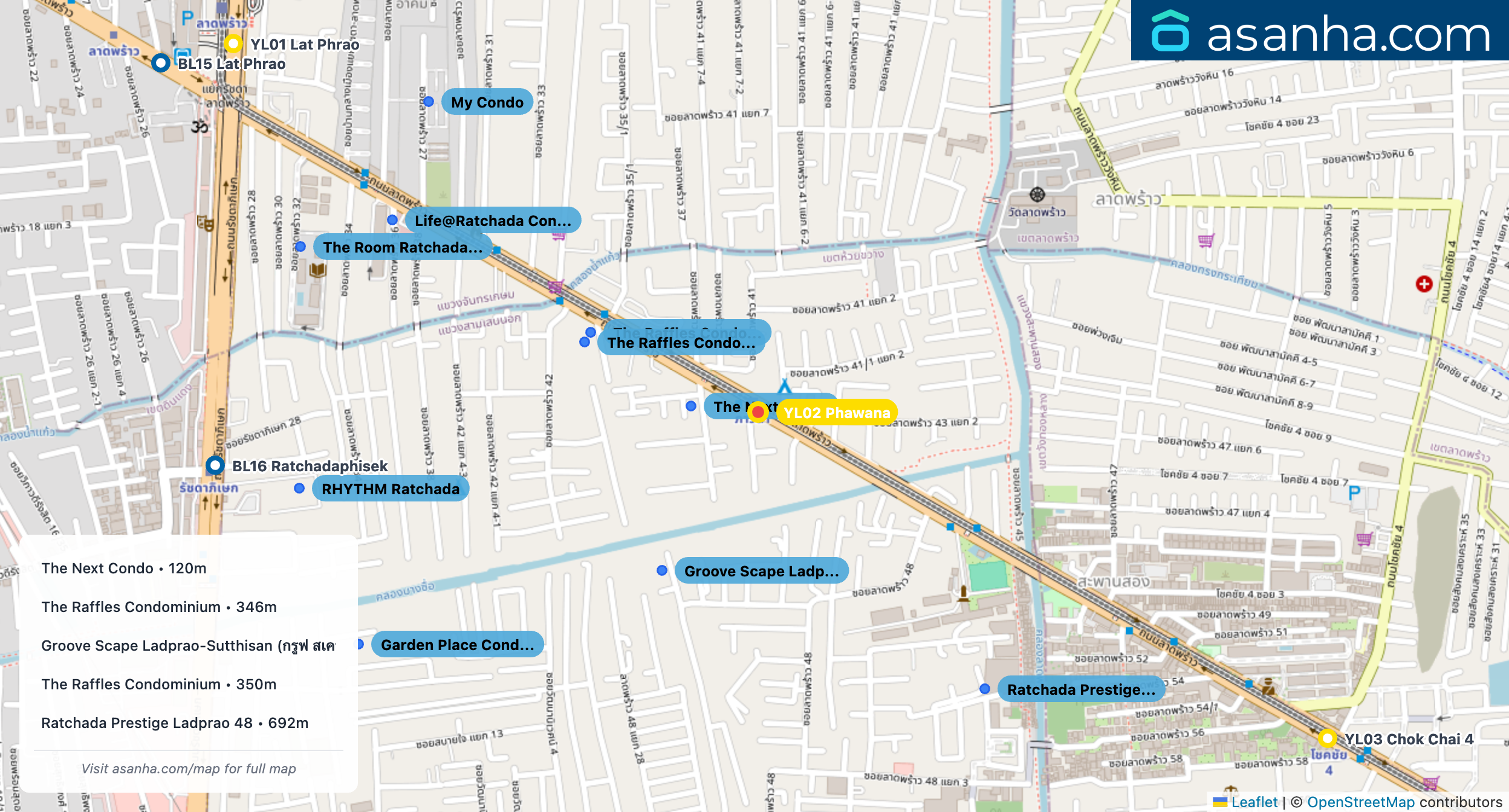 Map of condo projects near YL02 Phawana station. Nearest projects are The Next Condo 120 m, The Raffles Condominium 346 m, Groove Scape Ladprao-Sutthisan (กรูฟ สเคป ลาดพร้าว - สุทธิสาร) 349 m, The Raffles Condominium 350 m, Ratchada Prestige Ladprao 48 692 m. Visit asanha.com/map for the full map
